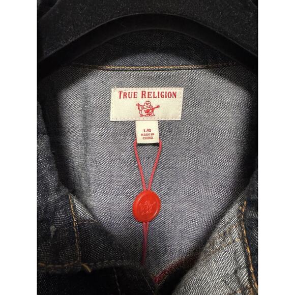 NWT True Religion Mens Large Blue Denim Western Released Hem Long Sleeve Shirt - Picture 3 of 10